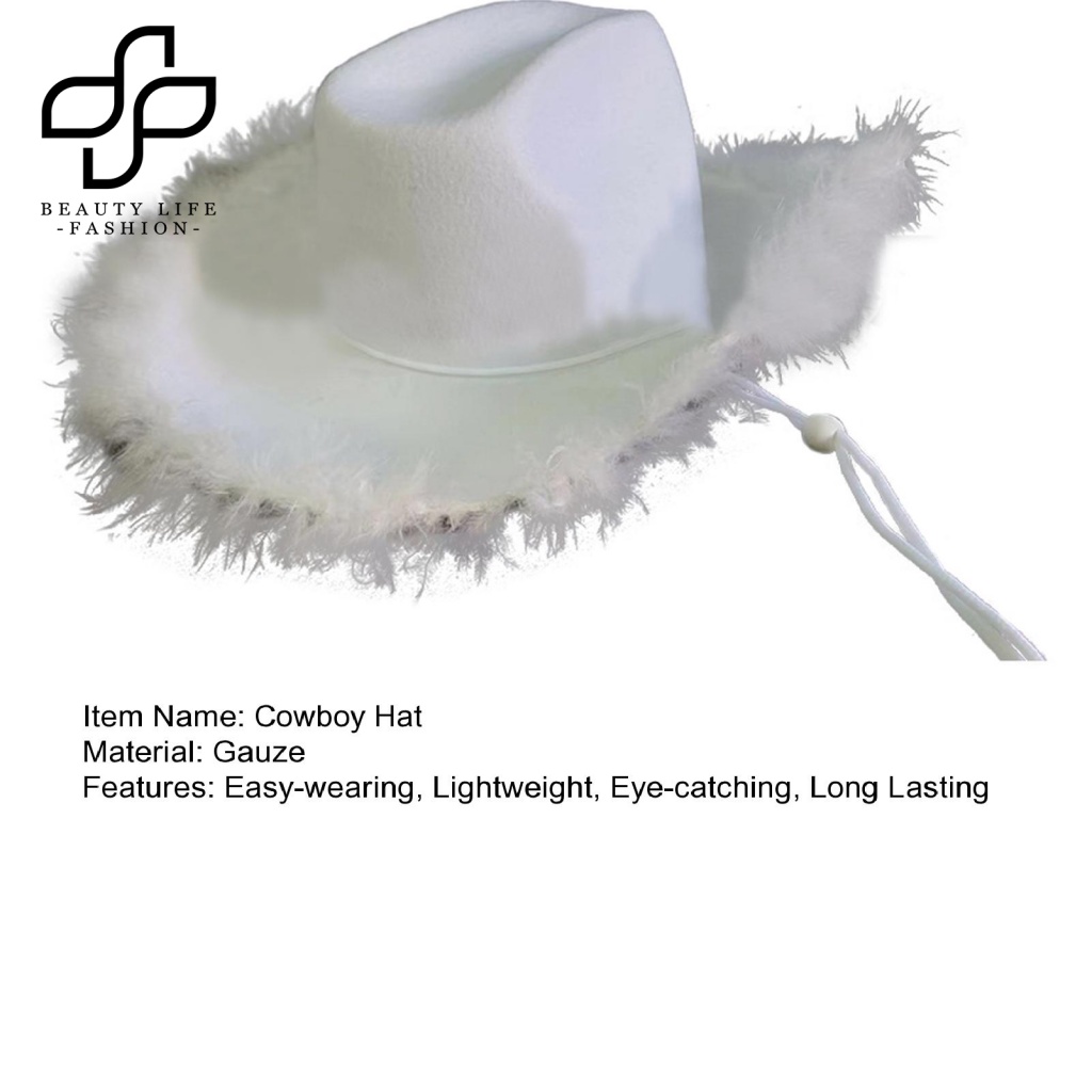 Beautylifefashion Mũ Cao Bồi Phối Lưới Đính Lông Vũ Màu Sắc Tươi Sáng Chống Mài Mòn Trang Trí Thanh Lịch Dễ Phối Đồ Cho Nữ