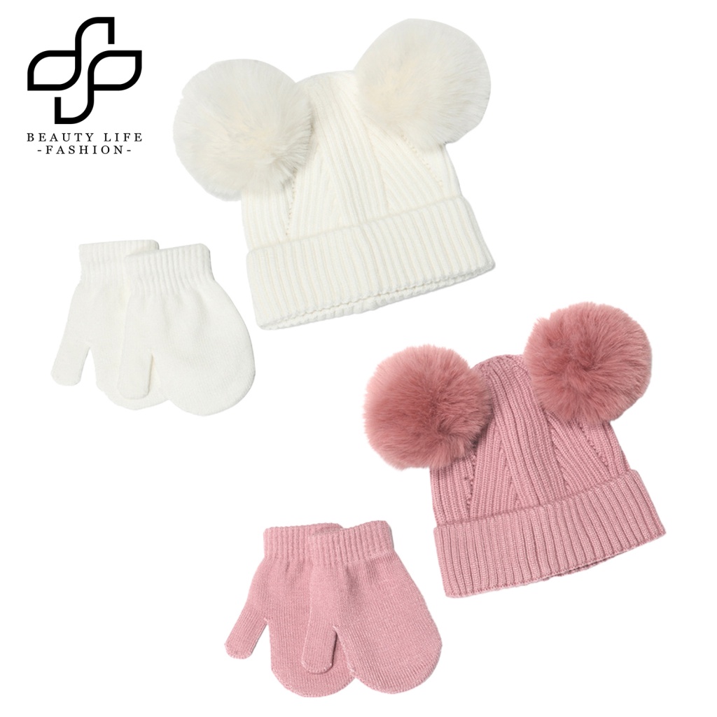 Bộ 2 Găng Tay / Mũ / Găng Tay Bóng Lông Siêu Mềm Dày Dặn Co Giãn Chống Lạnh Thời Trang Cho Bé Trai Và Gái