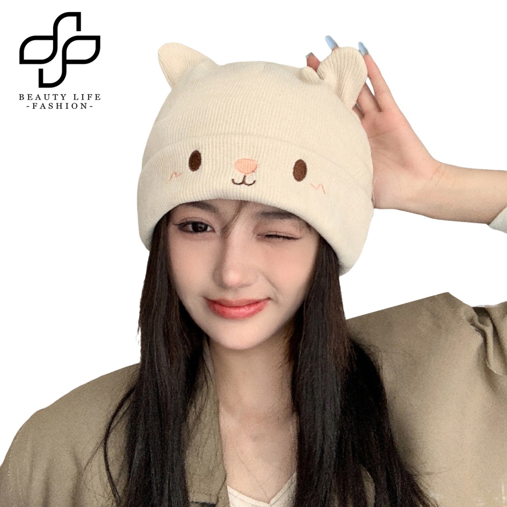 Mũ Beanie Dệt Kim Mềm Mại Chống Lạnh Thêu Hình Tai Mèo Dễ Thương Cho Nữ