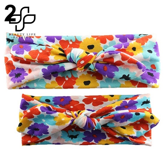Bộ 2 Băng Đô Cài Tóc Co Giãn Đính Nơ In Hoa Dễ Thương Cho Mẹ Và Bé