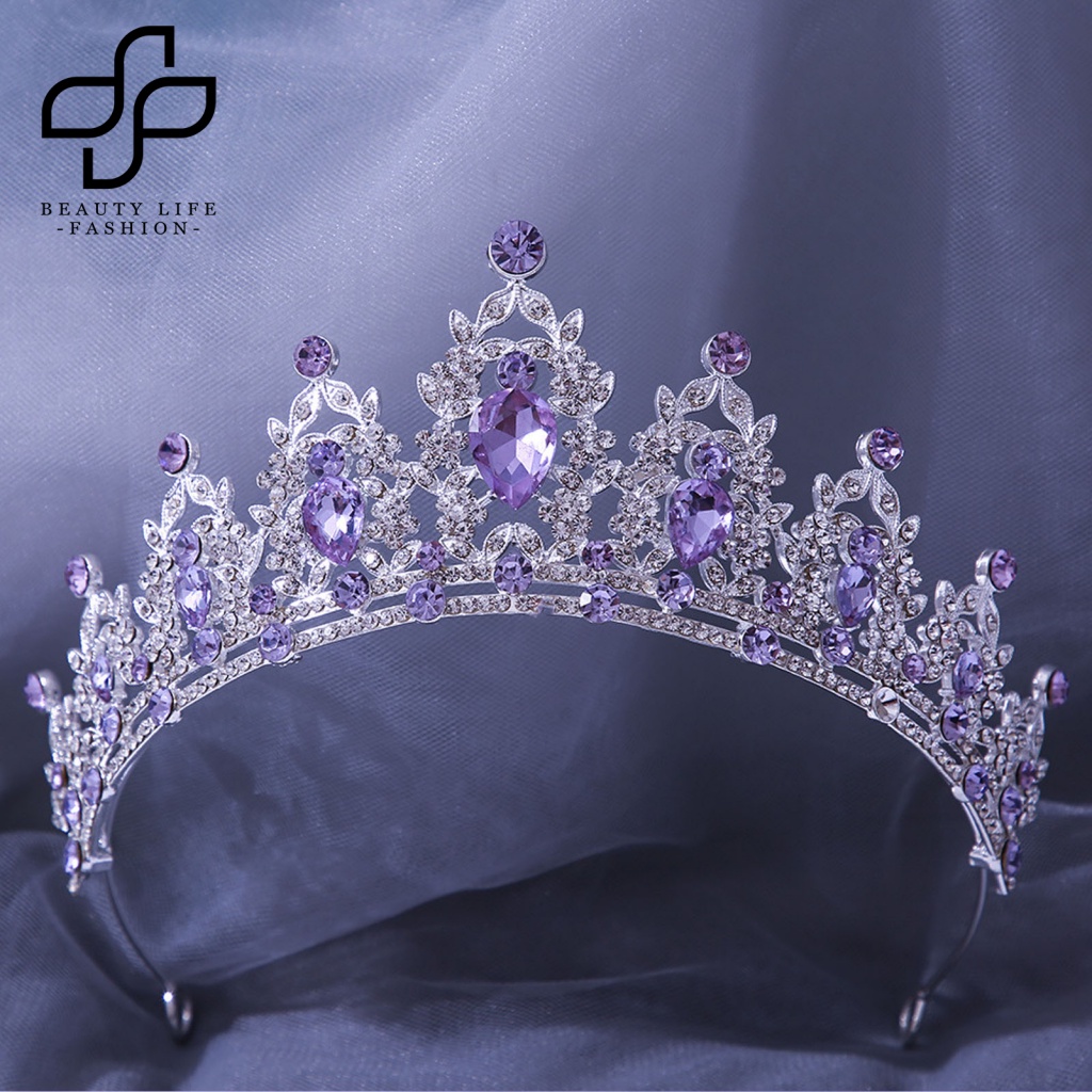 Vương Miện Cài Tóc Đính Kim Cương Giả Lấp Lánh Màu Tím Cho Cô Dâu
