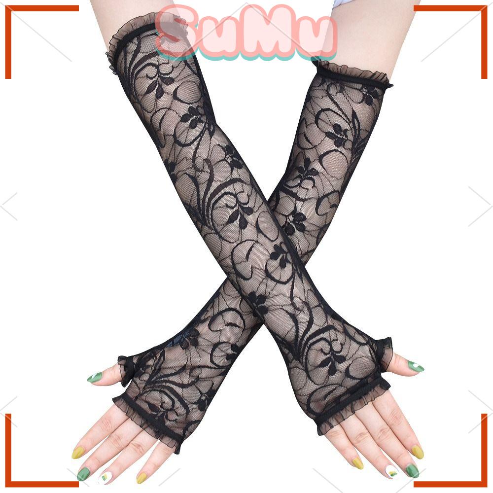 Găng Tay Chống Nắng Dài Phối Ren Hoa Xinh Xắn Cho Nữ