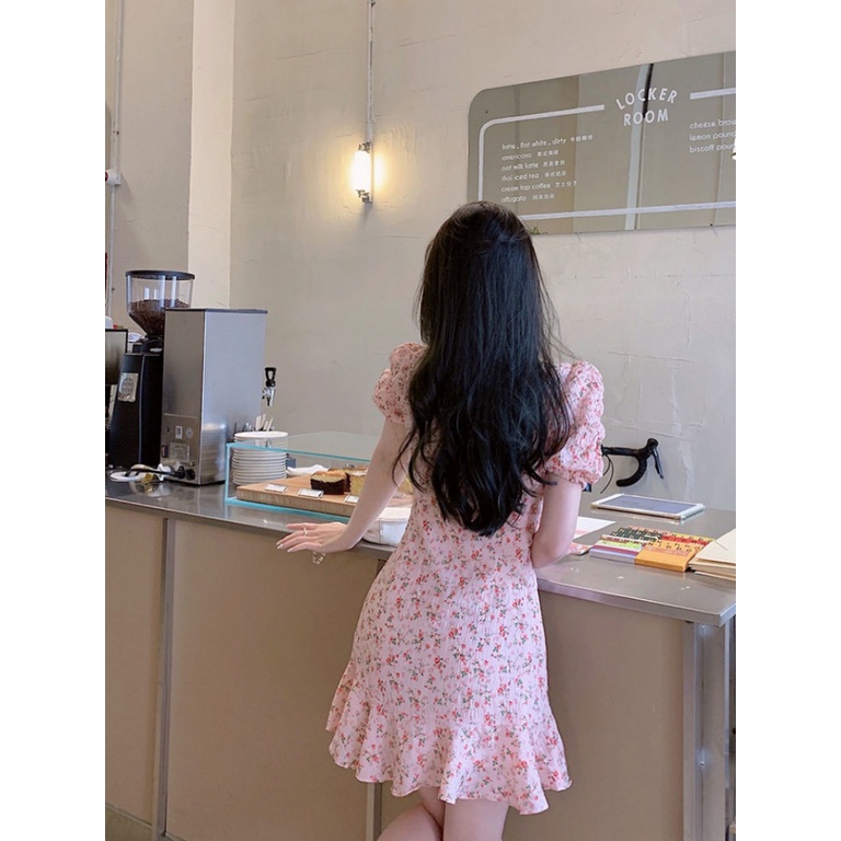 Đầm hoa Cổ Vuông ngắn tay hồng váy đẹp ngắn Dây Rút tay phồng Phối Tiết Phong Cách Hàn Quốc Thời trang Nữ Hàng Quảng Châu Mùa Hè Mới