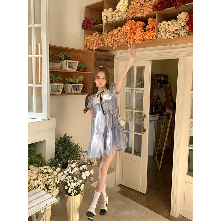 Đầm Búp Bê Ngắn Cổ Tròn Tay Phồng Kiểu Pháp Thời Trang Mùa Hè