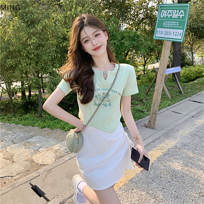 Áo Thun Ngắn Tay Cổ Chữ V Lệch Tà In Họa Tiết Thời Trang Mùa Hè Cho Nữ