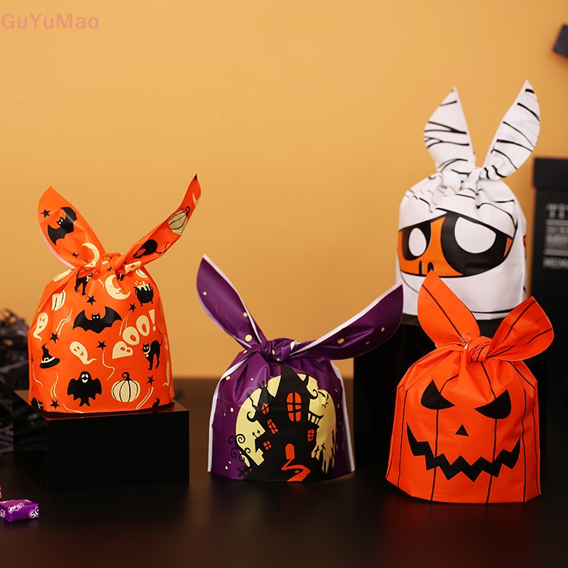Set 50 Túi Nhựa Đựng Bánh Quy / Kẹo Hình Tai Thỏ Phong Cách Halloween Cho Bé