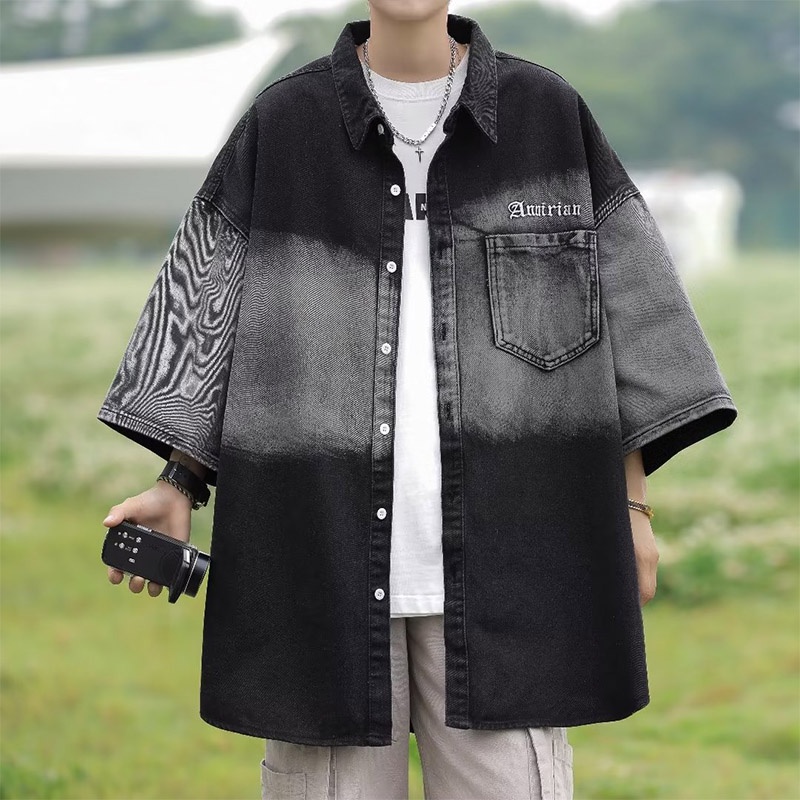 ASRV Áo Sơ Mi Denim Tay Ngắn Dáng Rộng Màu Gradient Phong Cách Hong Kong Thời Trang Cho Nam