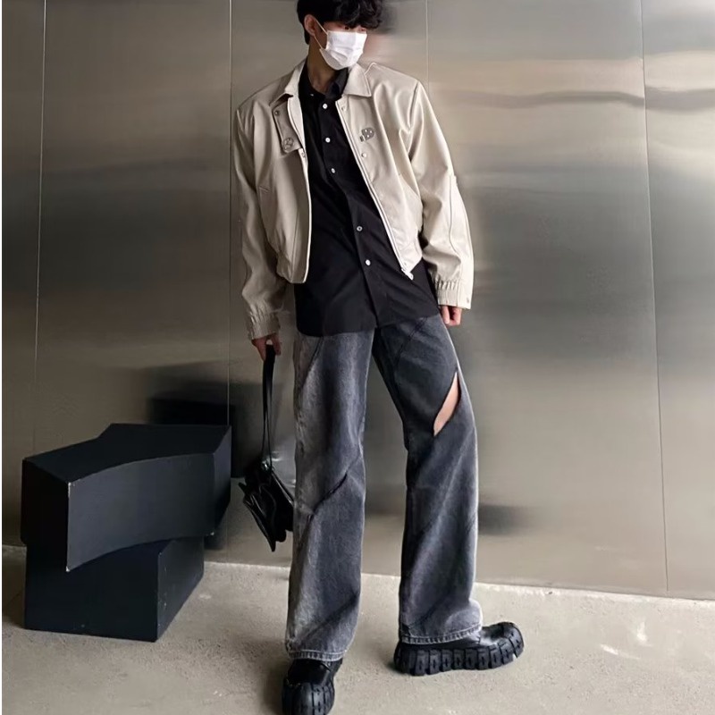 Quần denim Dài Lưng Thun Ống Loe Có Khóa Kéo Thời Trang Đường Phố Mỹ Cho Nam