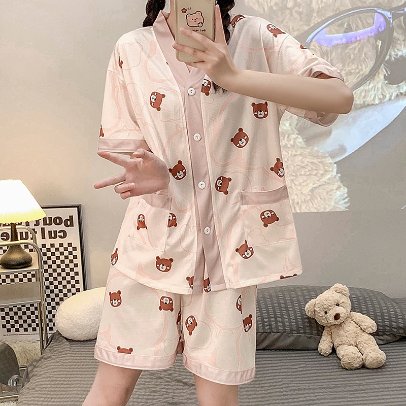 Bộ Đồ Ngủ Áo Tay Ngắn Phồng Cổ Chữ V Phối Quần Short Vải Cotton Thời Trang Mùa Hè Mới Cho Bạn Gái