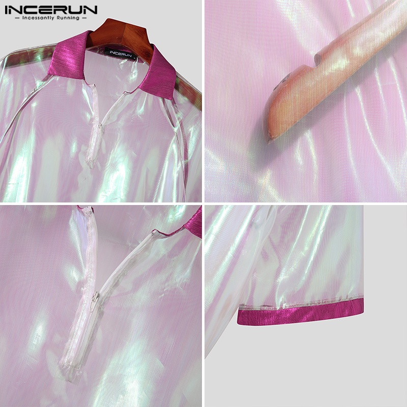 INCERUN Áo Thun Polo Tay Ngắn Phối Lưới Xuyên Thấu Có Khóa Kéo Phong Cách Cổ Điển Thời Trang Cho Nam