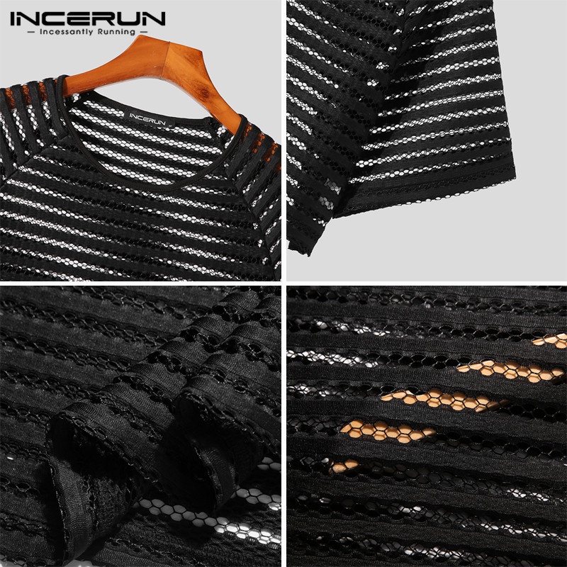 Áo thun INCERUN tay ngắn họa tiết sọc ngang phong cách cổ điển dành cho nam