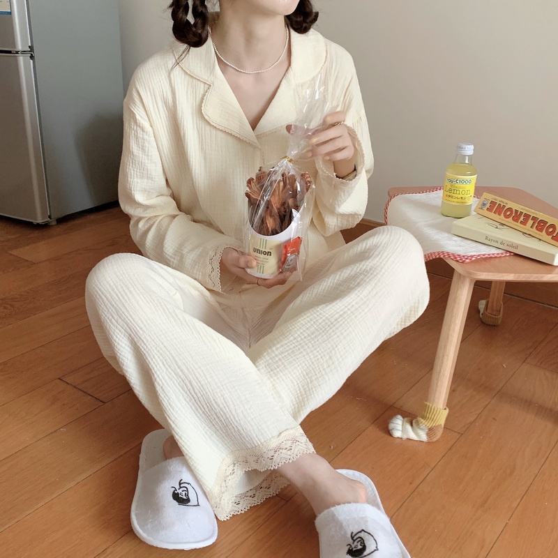 BN111_Bộ ngủ pijama muslin dài tay màu hồng baby phong cách Hàn Quốc |  hàng quảng châu loại 1