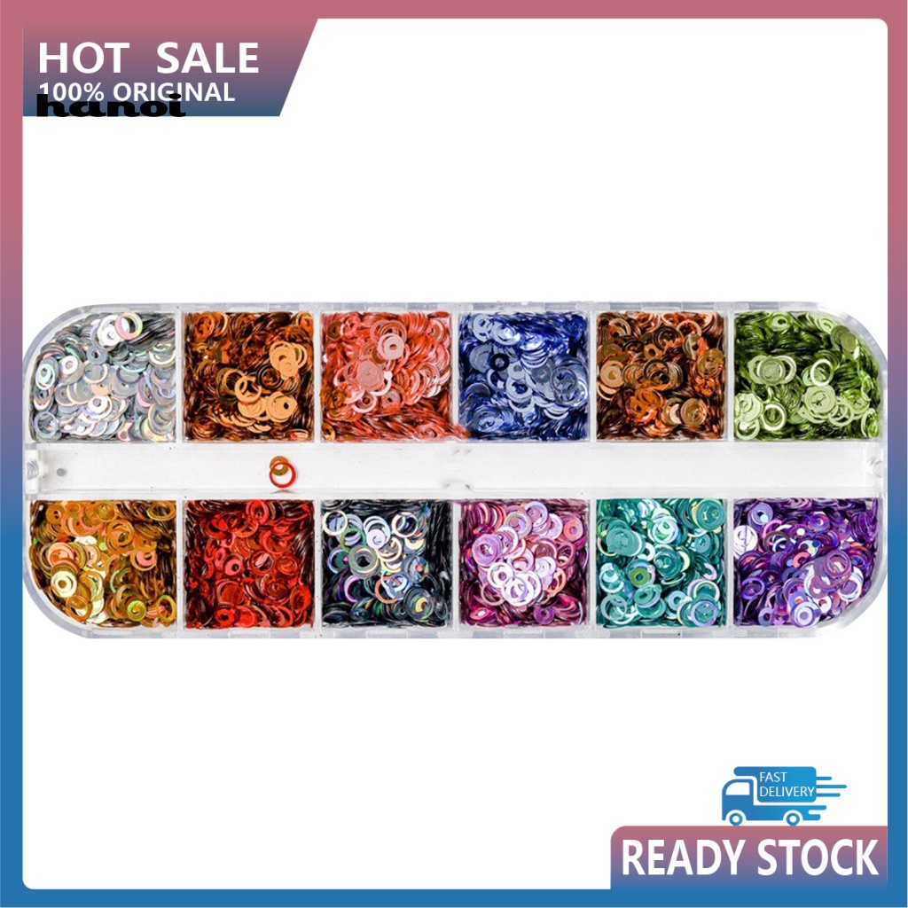 Hộp 12 Ngăn Đựng Hạt Kim Sa Tròn Nhiều Hình Dạng Màu Sắc Neon Trang Trí Móng Tay Cho Nữ