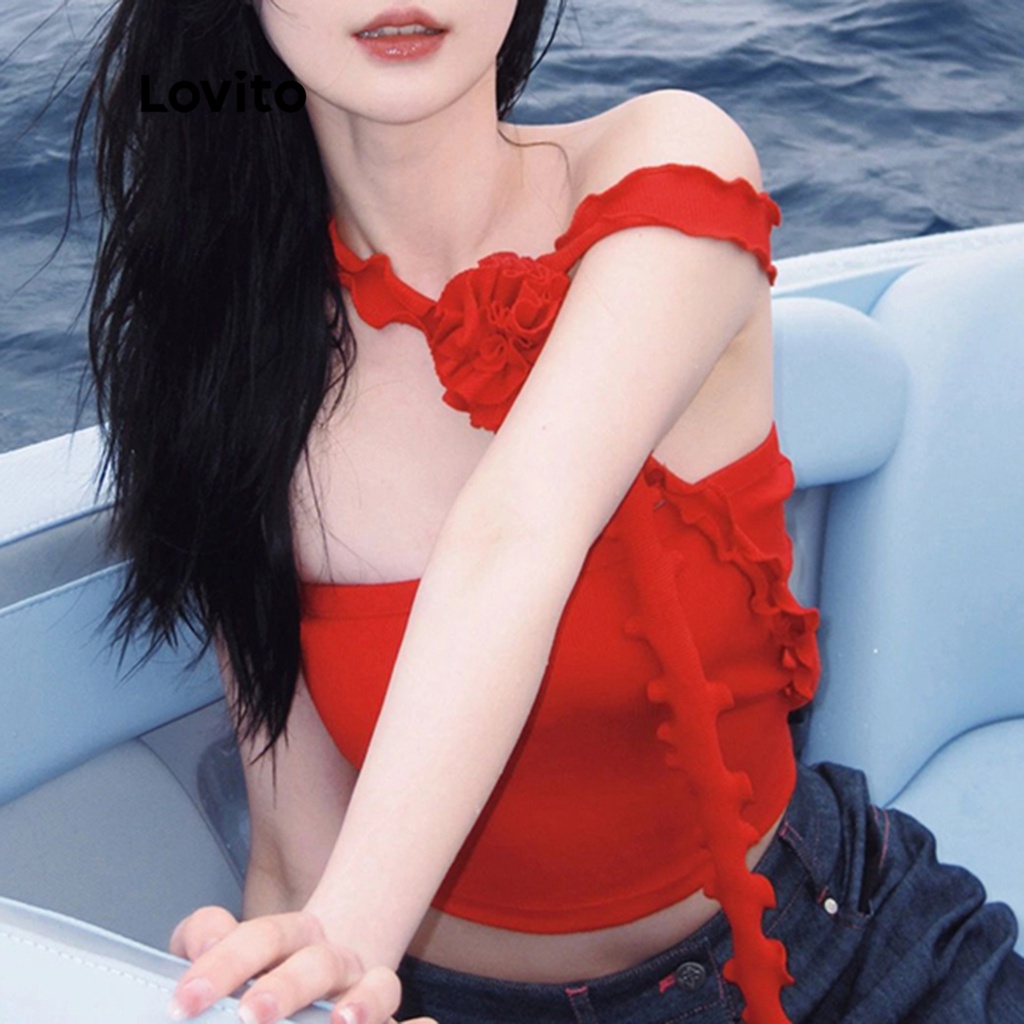 Lovito Áo ba lỗ không tay phối ren hoa đơn giản cho nữ LNA10160 (Màu đỏ)