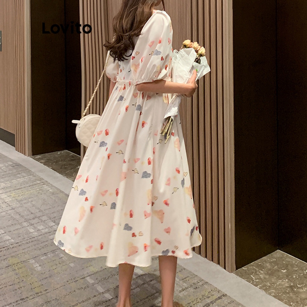 Lovito Đầm suông họa tiết hoa viền ren tay phồng họa tiết hoa đơn giản dành cho nữ LNE10132 (Trắng)