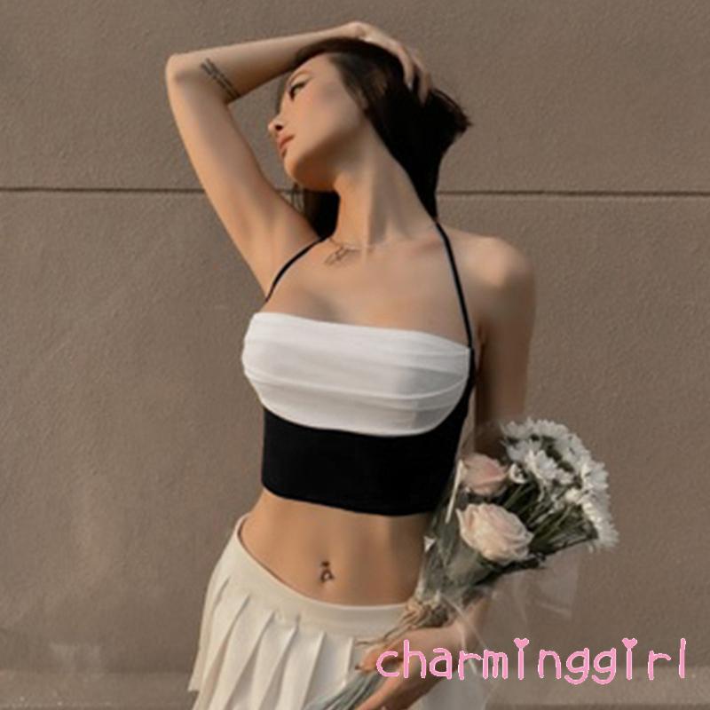 Áo Croptop Hai Dây Màu Sắc Tương Phản Thời Trang Cho Nữ