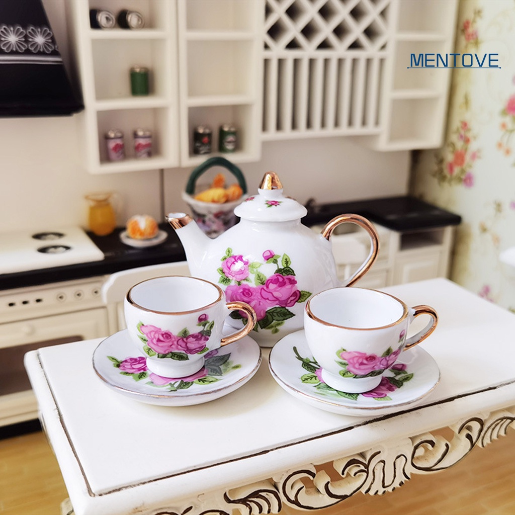 1 Bộ Ấm Tách Trà Mini Bằng Gốm Tỉ Lệ 1 / 6 Dùng Trang Trí Nhà Búp Bê