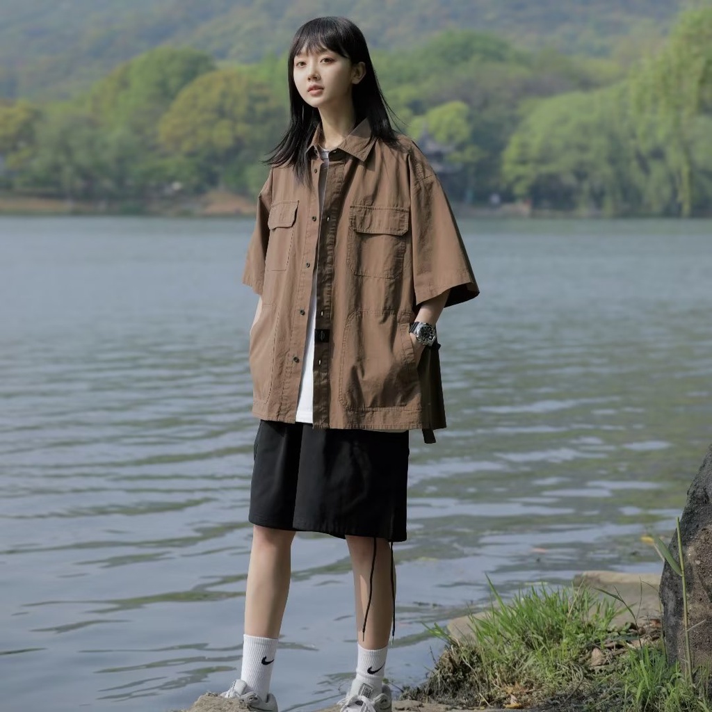 Áo Sơ Mi Cotton Kaki Tay Lửng Dáng Rộng Phong Cách Retro Cho Nam