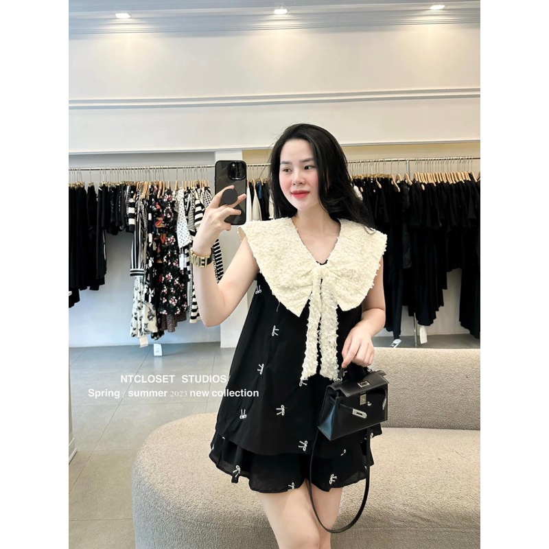 Set đen phối nơ cổ ren hoa nổi mix quần sooc siêu xinh