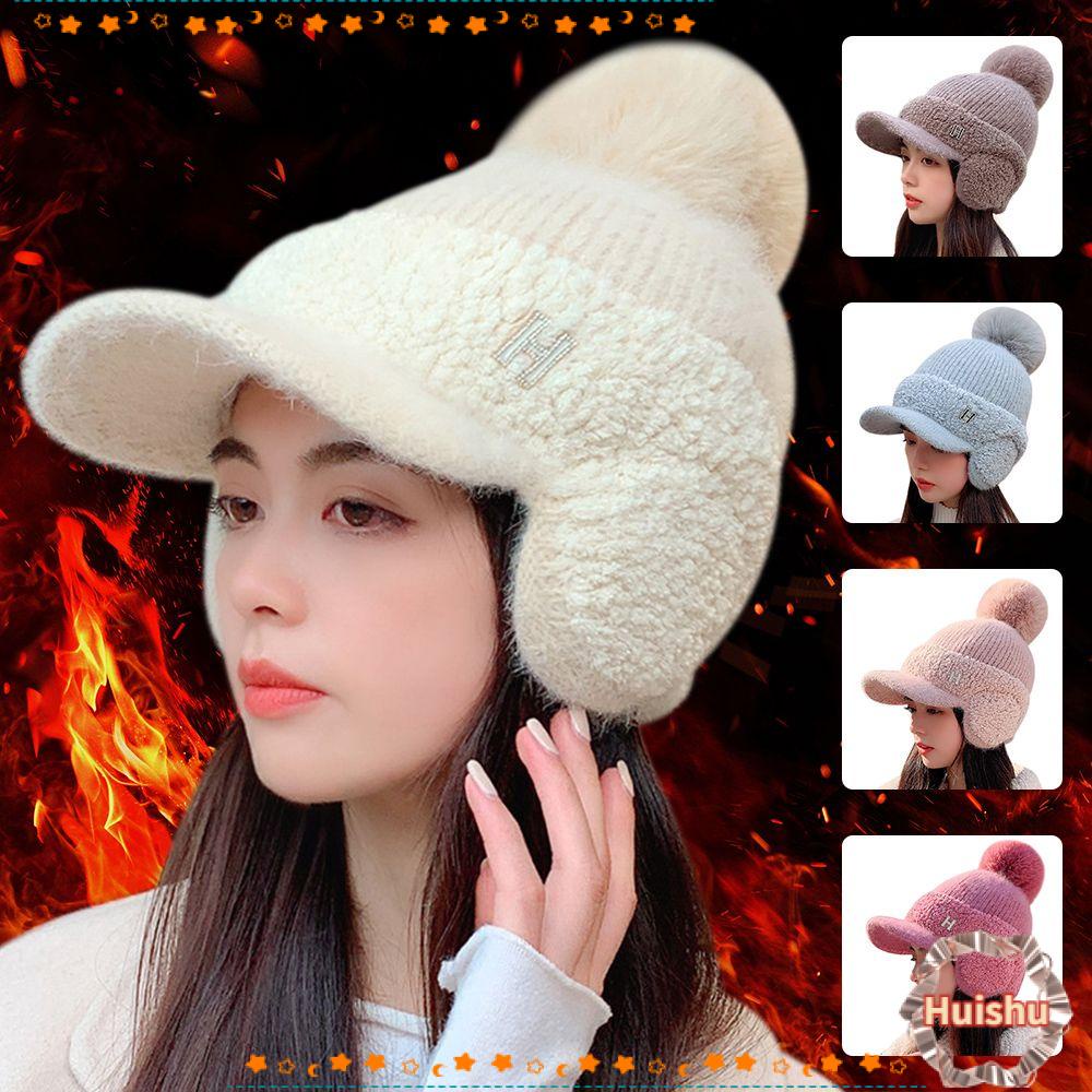 Mũ Len Dệt Kim Trùm Tai Phối Cục Bông Mềm Mại Ấm Áp Dành Cho Nữ