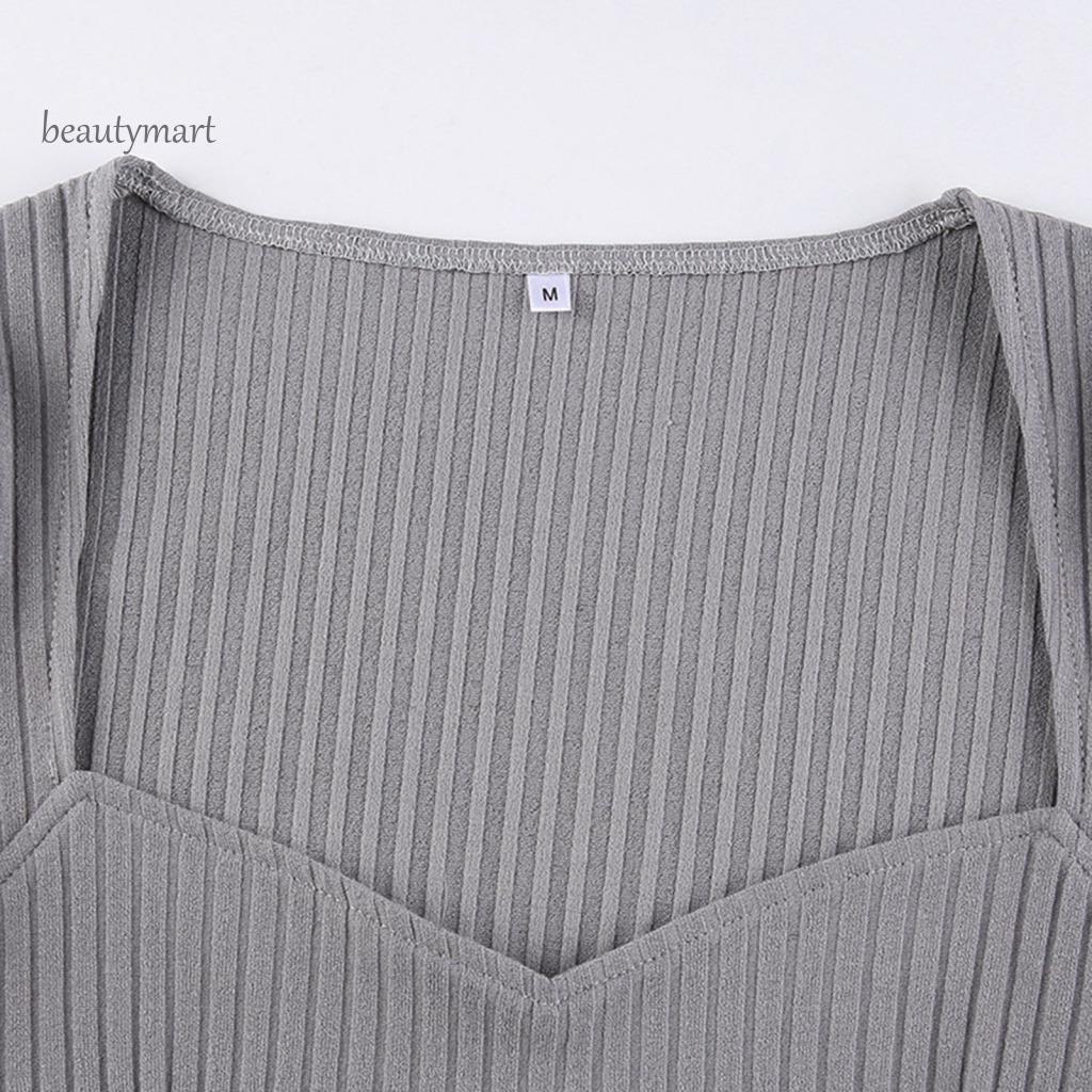Áo Croptop Dệt Kim Tay Dài Cổ Vuông Kẻ Sọc 1 Bên Thời Trang Mùa Thu Cho Nữ