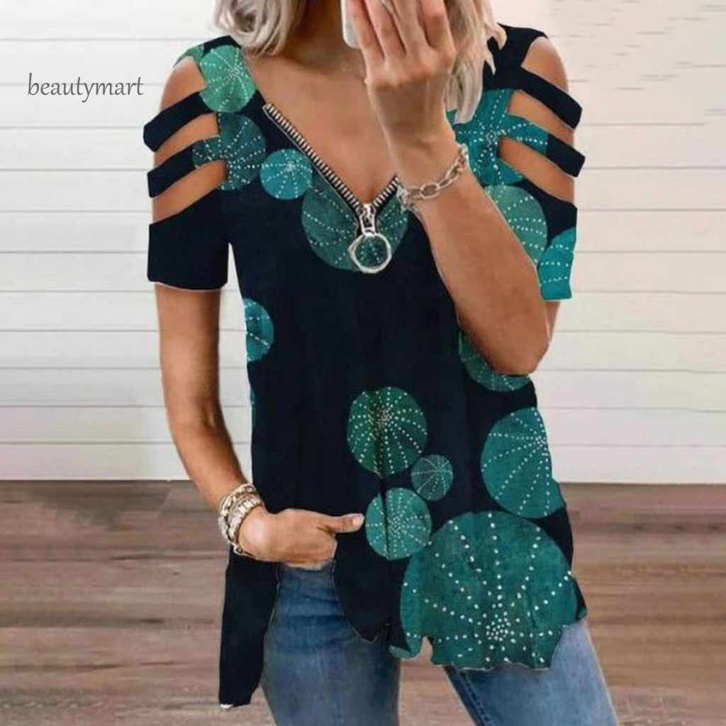 Áo Thun Tay Ngắn Dáng Rộng Cổ Chữ V Có Khóa Kéo In Họa Tiết beautymartm1 Thời Trang Công Sở Cho Bạn Gái