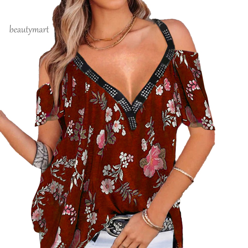 Áo Thun NgắN Tay Cổ Chữ V In Hoa ThờI Trang Cho Nữ beautymartm1