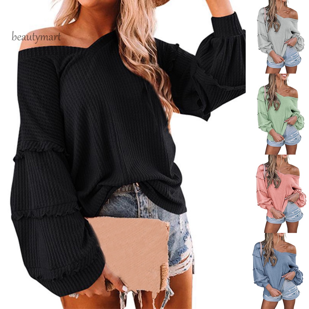Áo Cổ Chữ V Tay Phồng Màu Trơn Thời Trang Thu Đông Cho Nữ beautymartm1
