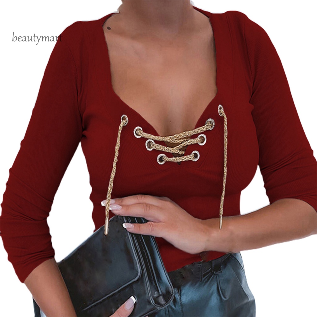 Áo Thun Cổ Chữ V Khoét Sâu Màu Trơn Quyến Rũ Thời Trang Mùa Thu Cho Nữ beautymartm1
