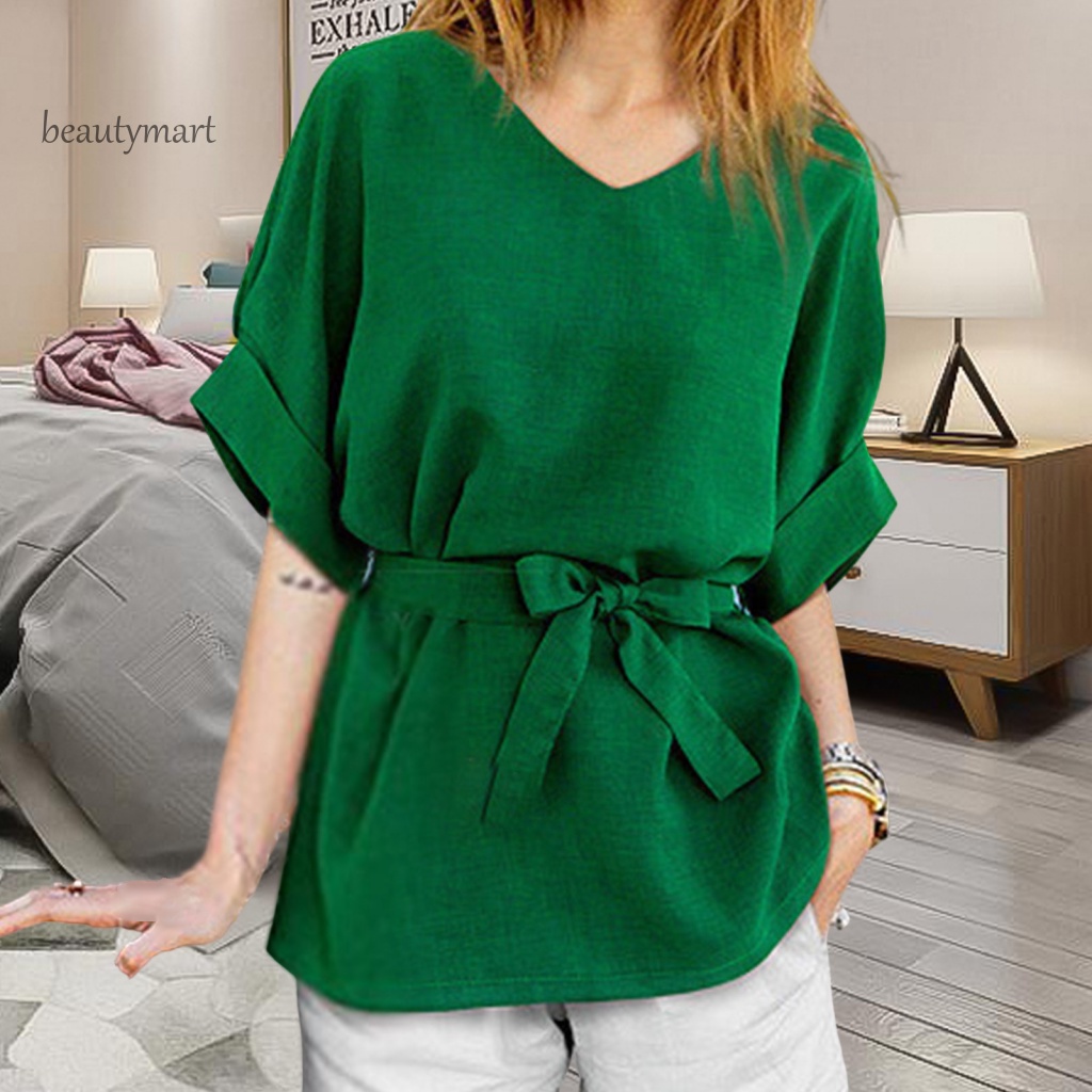 Áo Cánh Dơi Tay Ngắn Cổ Chữ V Màu Trơn Phối Thắt Lưng Thời Trang Mùa Hè Cho Nữ beautymartm1