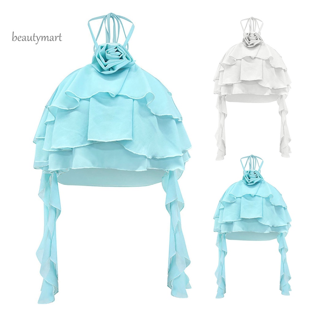 1 Áo Croptop Sát Nách Màu Trơn Trang Trí Diềm Xếp Nếp In Họa Tiết Hoa Hồng Cho Nữ