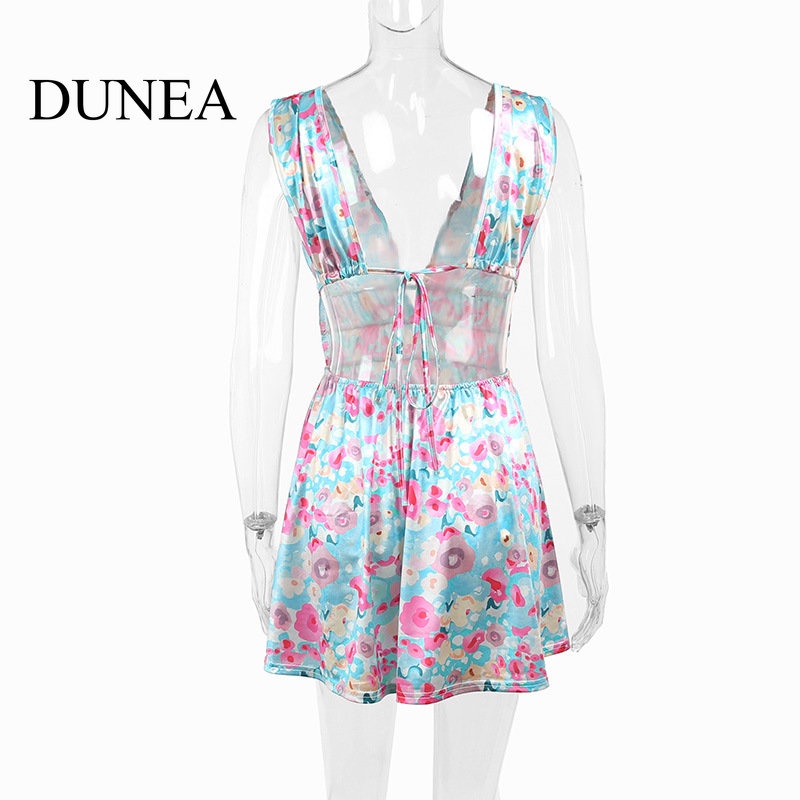 DUNEA Đầm Hoa Cổ V Xẻ Sâu Hở Lưng Gợi Cảm Cho Nữ