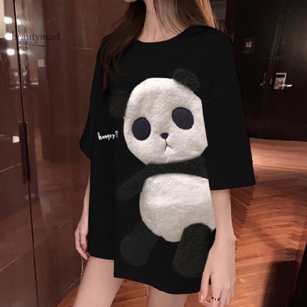 Áo Thun Tay Lửng Cổ Tròn Dáng Rộng Thêu Hình Gấu Trúc Màu Sắc Tương Phản Thời Trang Mùa Hè Cho Nữ beautymartm1