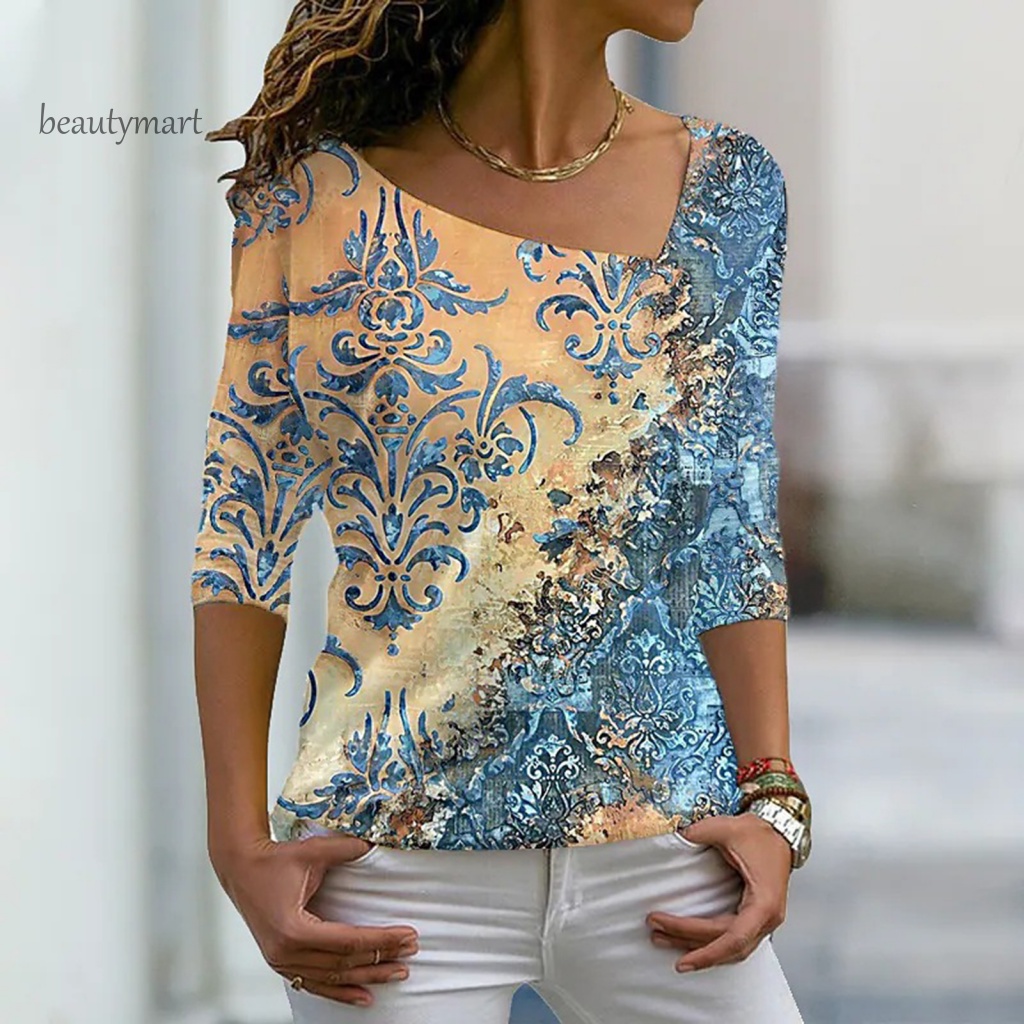 Áo Thun Tay Lửng Cổ Chữ V Dáng Rộng Thoáng Khí In Họa Tiết Hoa Xinh Xắn Thời Trang Mùa Hè Cho Nữ beautymartm1