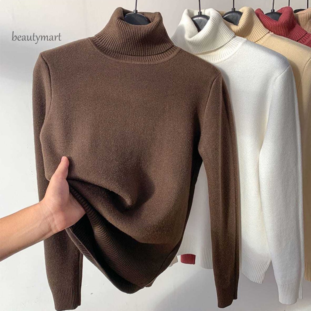 Áo Sweater Dệt Kim Cổ Lọ Tay Dài Dày Dặn Màu Sắc Trơn Thời Trang Mùa Đông Cho Nữ beautymartm1