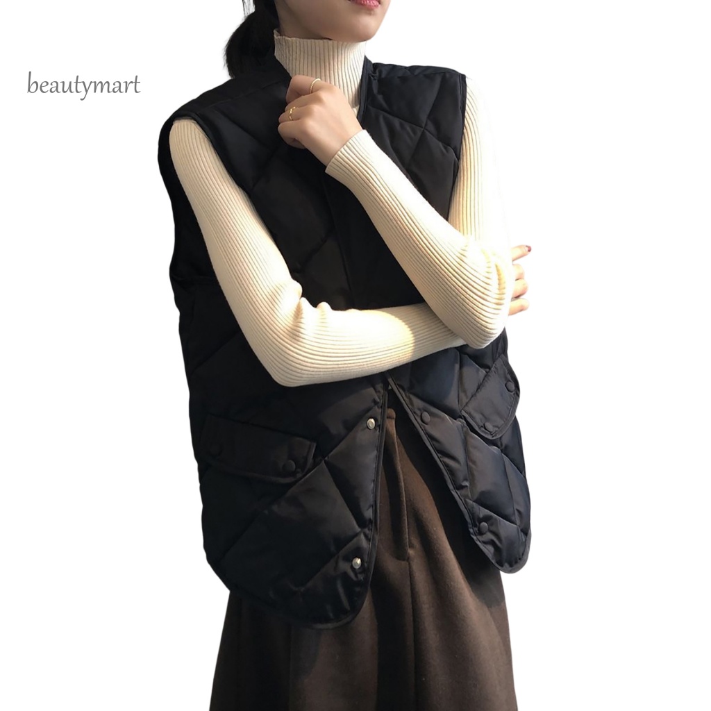 Áo Khoác Cotton Không Tay Cổ Tròn Màu Trơn Họa Tiết Hình Thoi beautymartm1 Cho Mùa Thu Đông