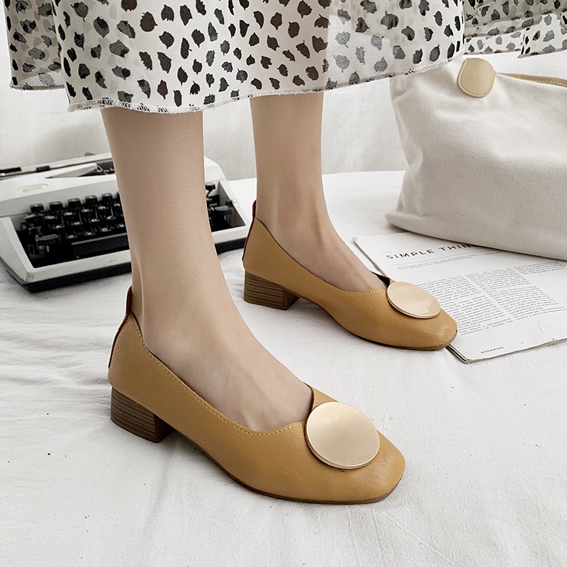 Hong Kong Premium shoes❥(^_-)Giày Gót Thấp Mũi Vuông Thoải Mái Phong Cách Âu Mỹ Cho Nữ