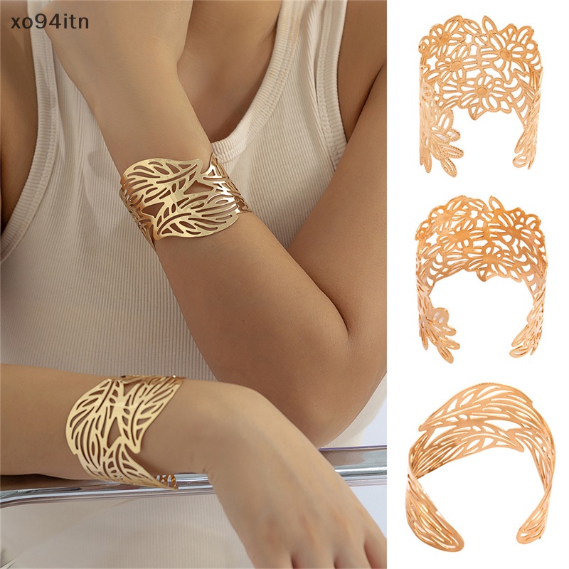 Vòng Đeo Tay Bằng Kim Loại Hở Bản Rộng Điều Chỉnh Được Họa Tiết Hoa Lá Rỗng Thời Trang Dự Tiệc Cưới Cho Nữ