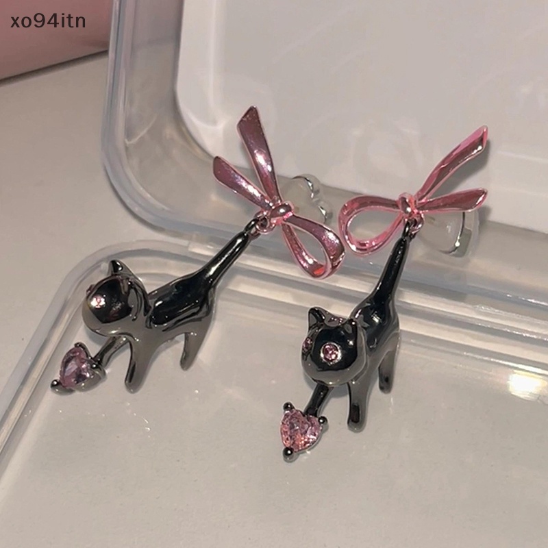 Hoa Tai Dáng Dài Hình Mèo Đen Và Nơ Đính Đá Xinh Xắn