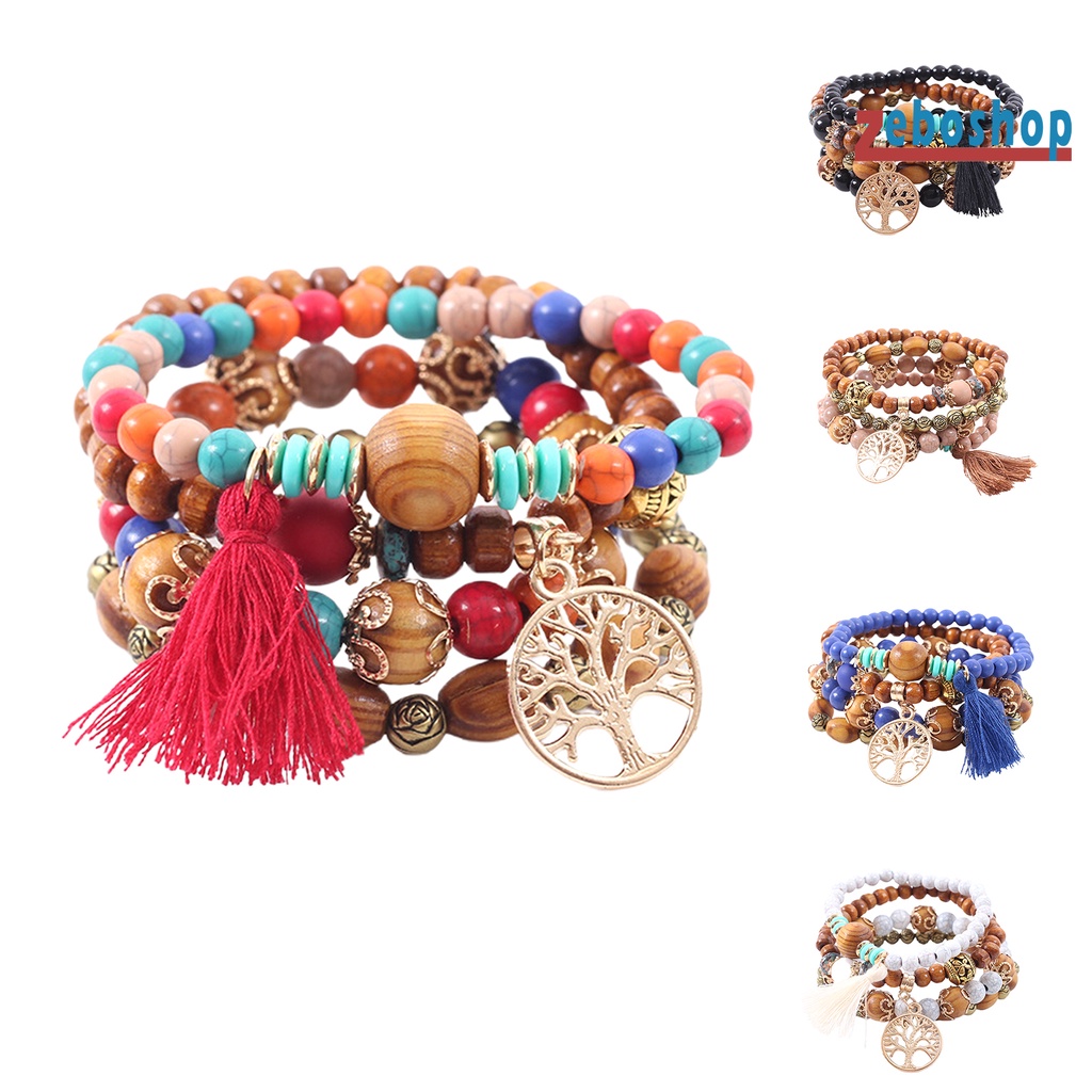 Set 4 Vòng Tay Chuỗi Hạt Phối Tua Rua Thời Trang Cho Nam Và Nữ