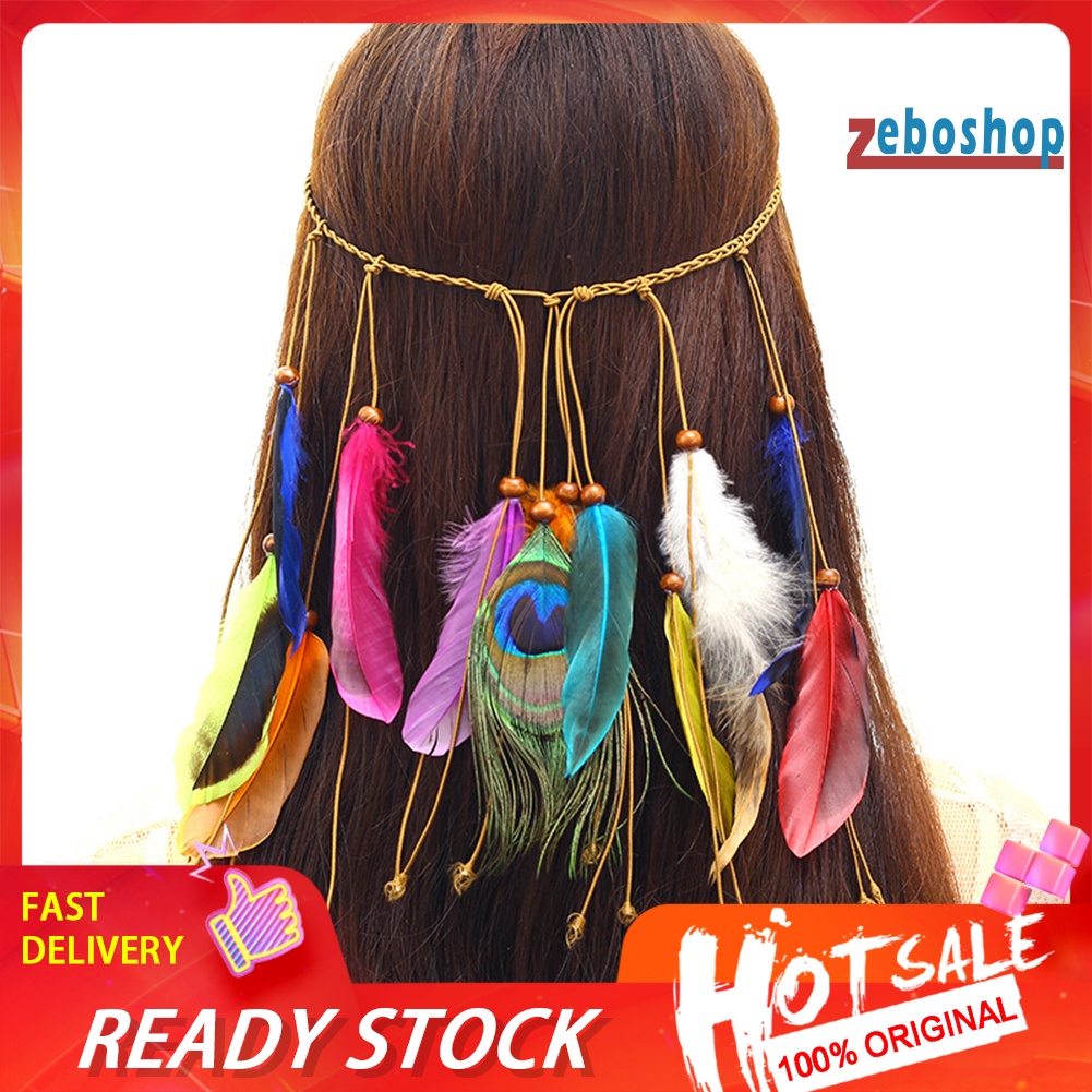 Băng Đô Bện Dây Đính Lông Vũ Phong Cách Bohemia Cho Nữ