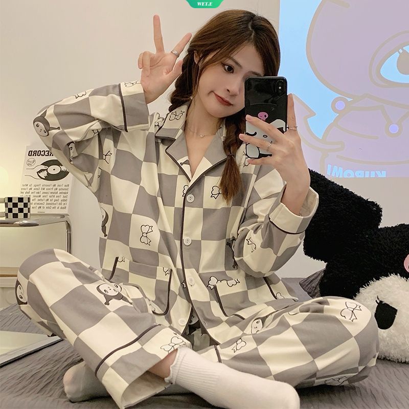 SANRIO Bộ Đồ Ngủ Tay Dài Họa Tiết Hoạt Hình Đơn Giản Thoải Mái Thời Trang Xuân Thu Phong Cách Hàn Quốc Cho Nữ
