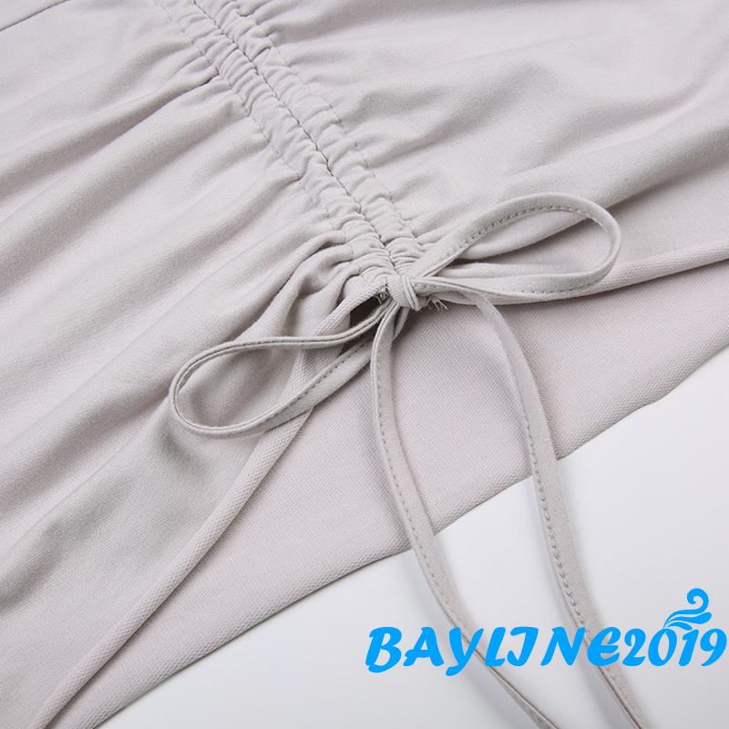 Bay- Áo Croptop Ngắn Tay Có Mũ Trùm Đầu Dây Rút Màu Trơn Ôm Dáng Mùa Hè Đường Phố Cho Nữ