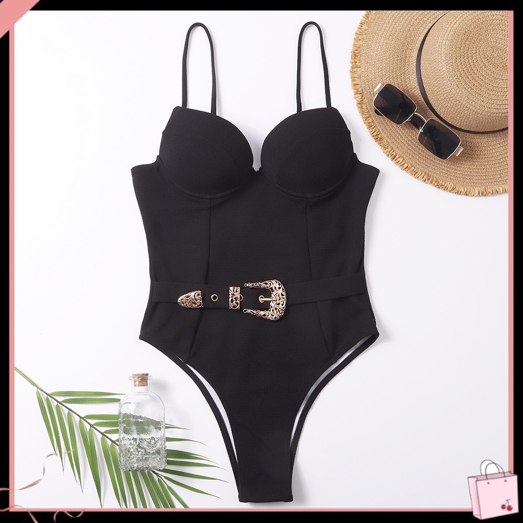 {Soltweter} Bộ Đồ Bơi Một Mảnh Dây Mảnh Cổ Chữ V Màu Trơn Có Gọng Dành Cho Nữ Đi Biển