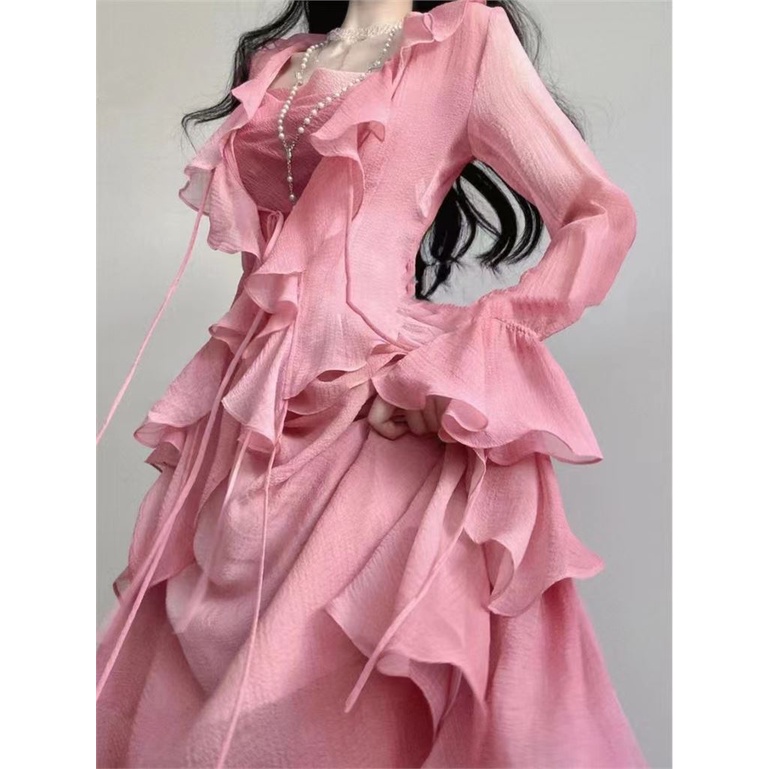 Set Áo Khoác Cardigan + Áo Hai Dây + Chân Váy Ngắn + Áo Khoác Nhẹ Nhàng Phong Cách Quyến Rũ