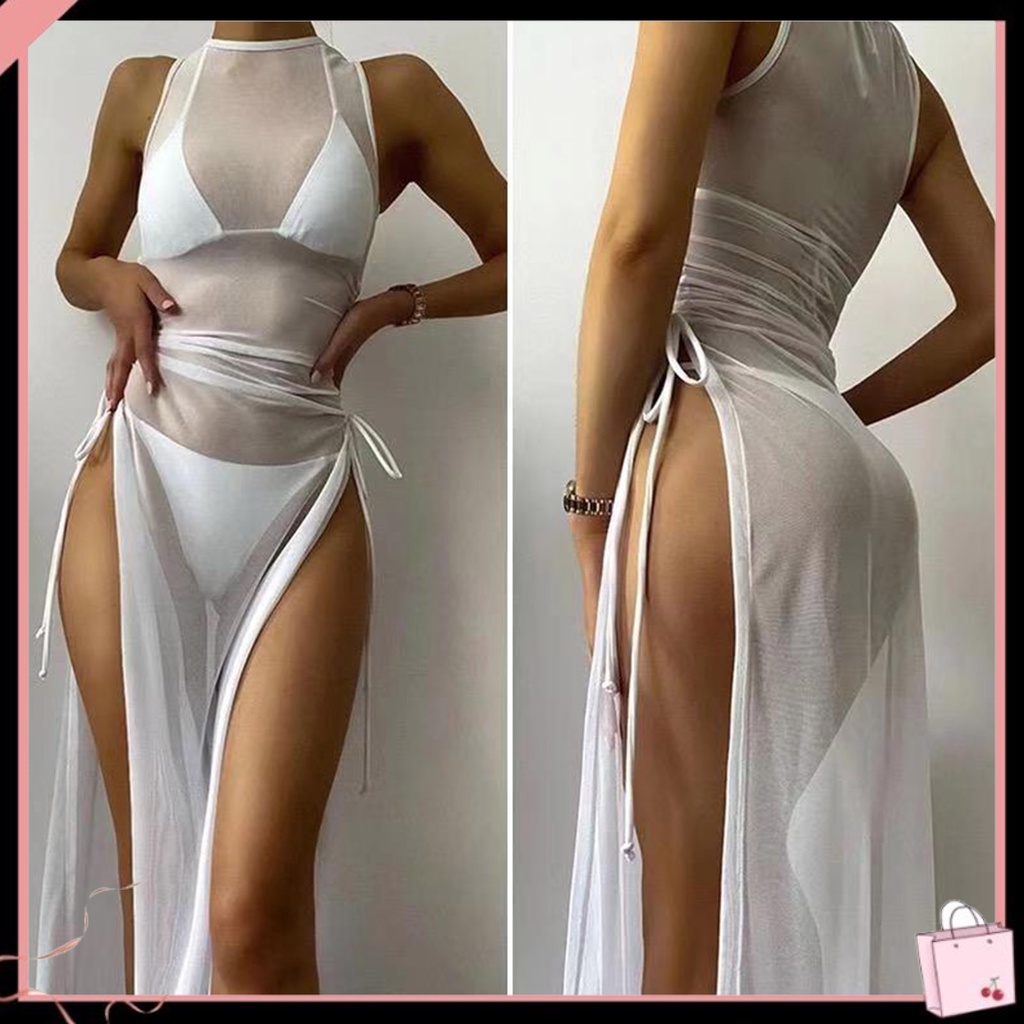 Đầm Lưới Không Tay Cổ Tròn Xẻ Tà Cao Trong Suốt Thời Trang Đi Biển Cho Nữ