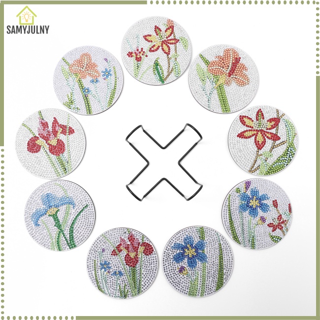 Set 9 Đế Lót Ly Họa Tiết Hoa Kèm Giá Đỡ Tiện Dụng Cho Nhà Bếp Diy