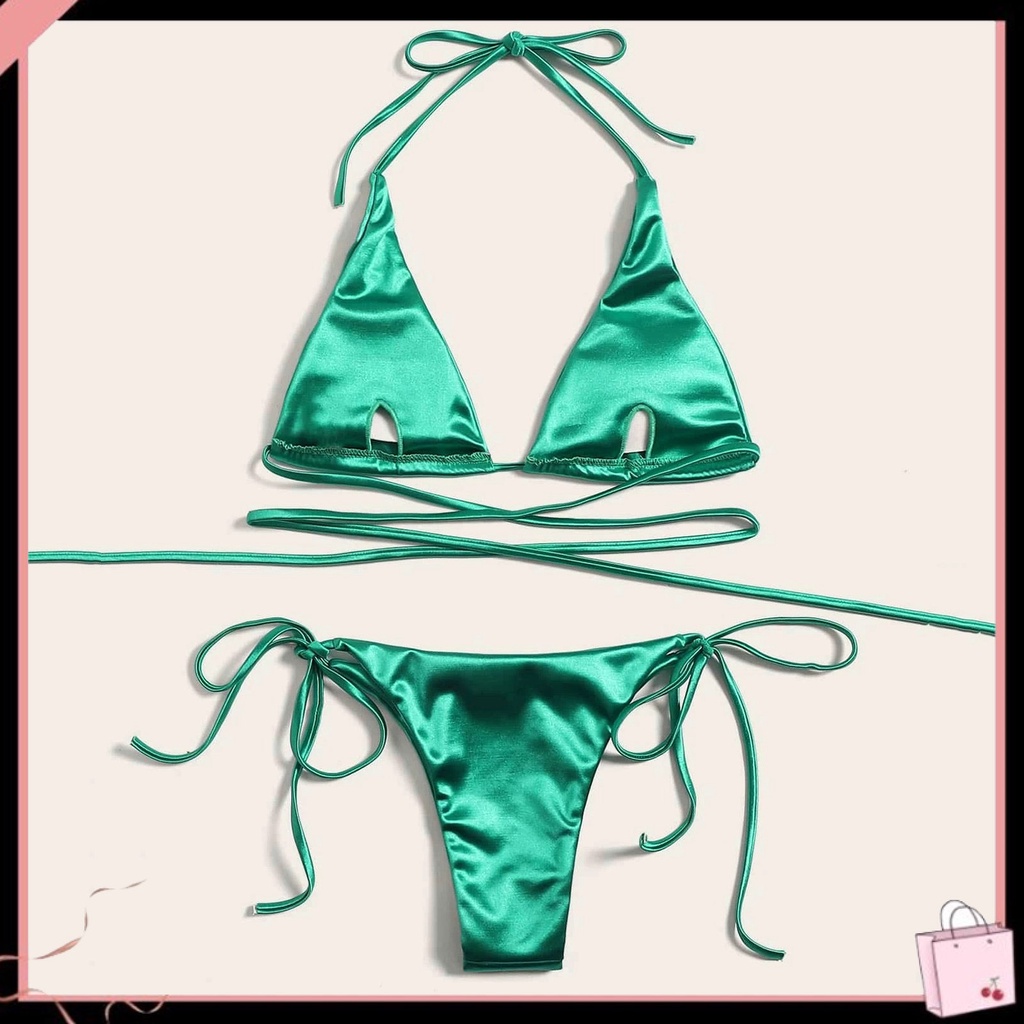 Bộ Đồ Bơi 2 Mảnh Gồm Áo Cổ Yếm Hai Dây Và Quần Ngắn Màu Trơn Kèm Mút Đệm Thời Trang Mùa Hè Dành Cho Nữ