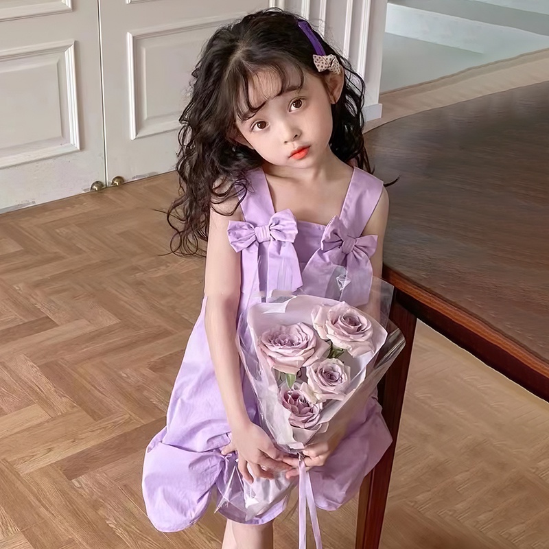 Đầm Hai Dây Phối Nơ Thời Trang Mùa Hè Xinh Xắn Dành Cho Bé Gái 2-7 Tuổi