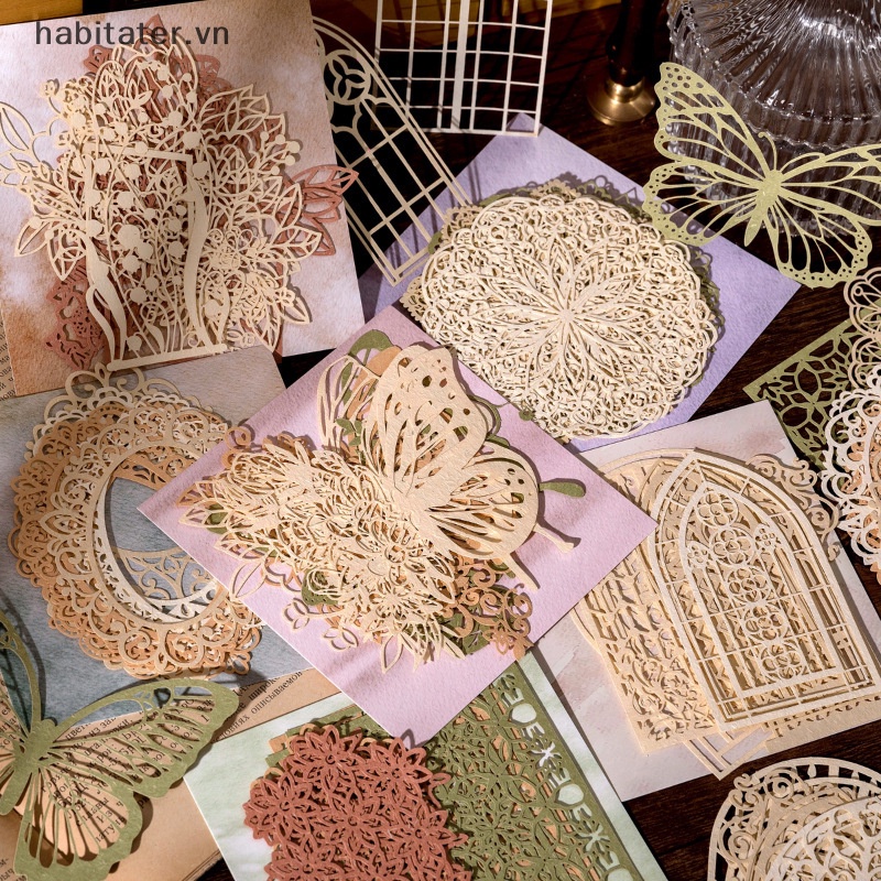 Giấy VN Hình Tròn Họa Tiết Ren Hoa Bướm Trang Trí Sổ Tay DIY